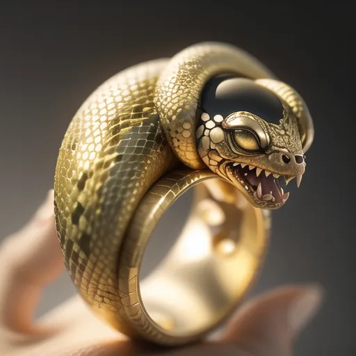 The image is a 3D rendering of a gold ring with a snake wrapped around it. The snake has black scales and yellow eyes. The ring is being held by a human hand. The background is a dark grey.