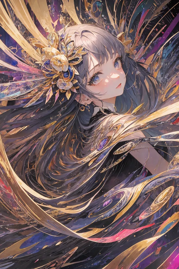 L'image est un portrait d'une belle jeune fille d'anime. Elle a de longs cheveux ondulants qui sont un mélange d'argent et d'or. Ses yeux sont d'une couleur bleu profond, et elle a de longues oreilles pointues. Elle porte un diadème doré et une robe noire avec des bordures dorées. L'arrière-plan de l'image est de couleur bleu foncé, avec un motif de lignes d'or et d'argent.