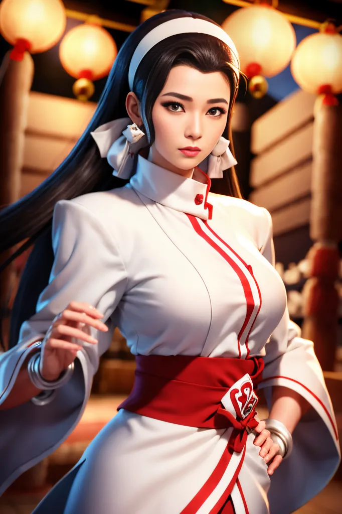 The picture shows a young woman with long black hair. She is wearing a white and red outfit with a red sash and a white headband. She is standing in a fighting stance, with her left hand raised in a blocking position and her right hand at her side. She has a determined expression on her face, and she is looking at the viewer with her dark eyes. The background is a blurred image of a Chinese temple.