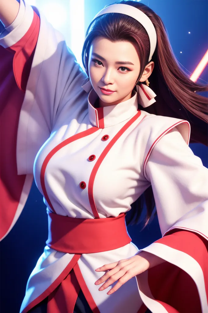 The picture shows a young woman in a white and red cheongsam-style outfit. She has long brown hair tied in a ponytail, and her right hand is raised in the air while the left hand is by her waist. She is standing in front of a blue background with glowing red lights on either side.