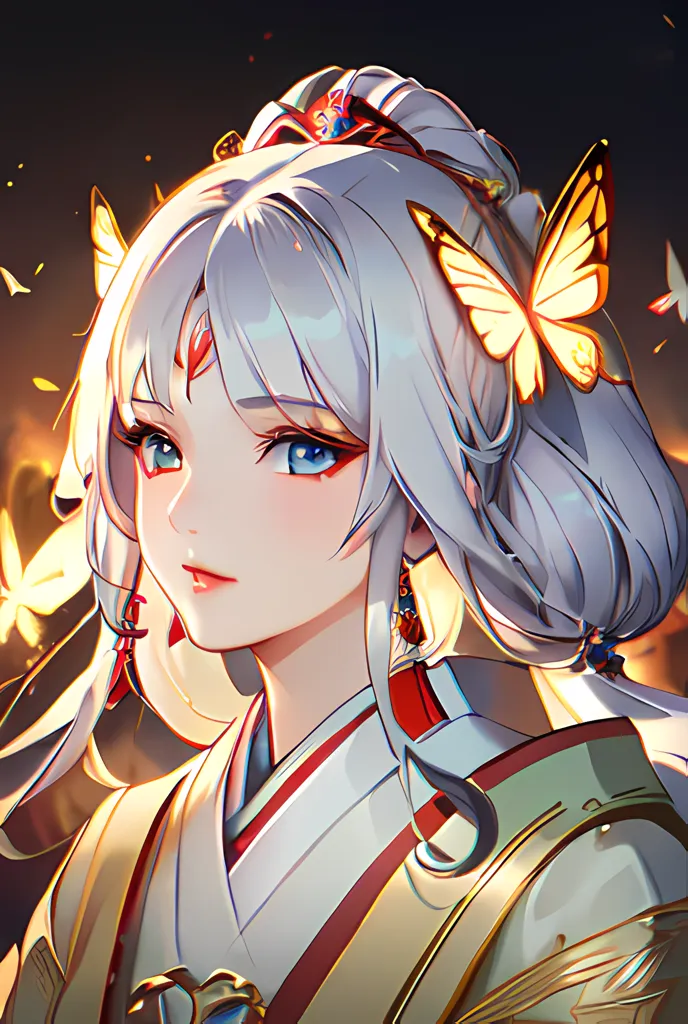 The image is a portrait of a beautiful young woman with long white hair and blue eyes. She is wearing a traditional Japanese kimono with a red and white butterfly pattern. Her hair is tied up in a bun and she has a butterfly hairpin on the right side of her head. She is standing in front of a dark background with a few butterflies fluttering around her.