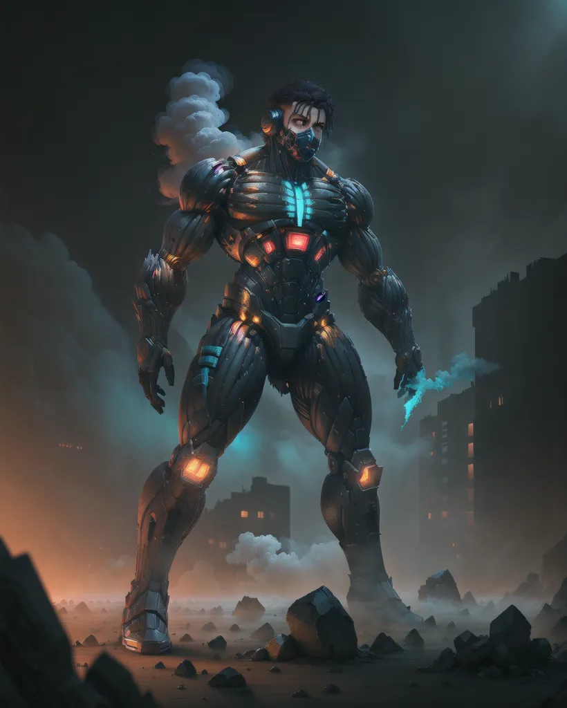 The image shows a man wearing a black and gray futuristic armor suit with blue and orange lights on the suit. He is standing in a dark, smoky, ruined city. There are large buildings and rocks in the background. The man is looking at the camera with his glowing blue eyes.