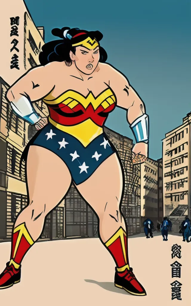 The image is a cartoon drawing of a female superhero. She is standing in a city street, with buildings in the background. She is wearing a red, white, and blue costume, with a yellow belt and a red cape. She has long black hair and blue eyes. She is holding her fists up in a fighting stance. There are four men in the background.