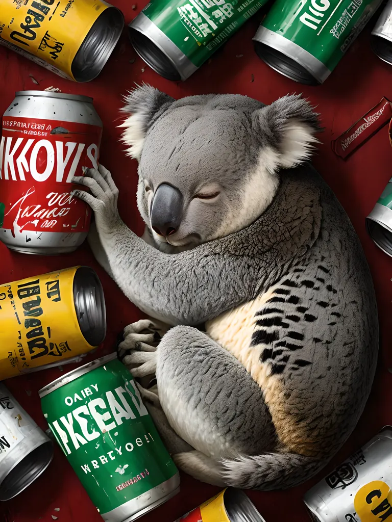 A koala is sleeping on a red surface. The koala is surrounded by a variety of different colored and labeled beverage cans. The koala is curled up with one paw on a green can and the other paw is curled up near its face. The koala's eyes are closed.