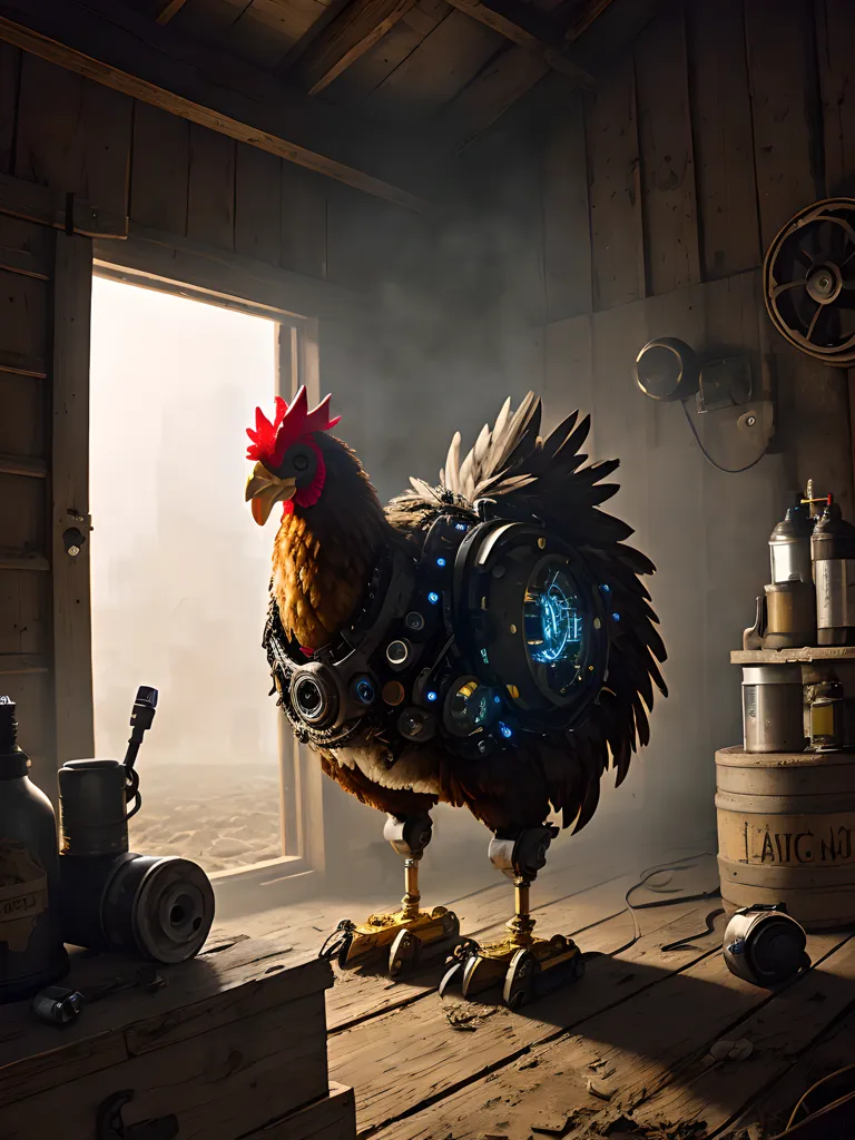 The image shows a steampunk chicken standing in a barn. The chicken is mostly brown with some white feathers and a red comb. It has a lot of steampunk gadgets attached to its body including a large device on its back with a blue light in the center. The chicken is standing on a wooden floor with a wooden wall behind it. There is a door on the left and some junk on the right.