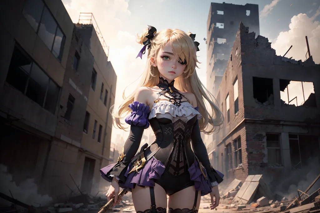 The image is of a young woman standing in a ruined city. She is wearing a black and purple outfit and has long blonde hair and purple eyes. She is holding a weapon of some sort in her right hand. The city is in ruins, with buildings destroyed and rubble everywhere. The sky is cloudy and there is a hint of sunlight peeking through the clouds.