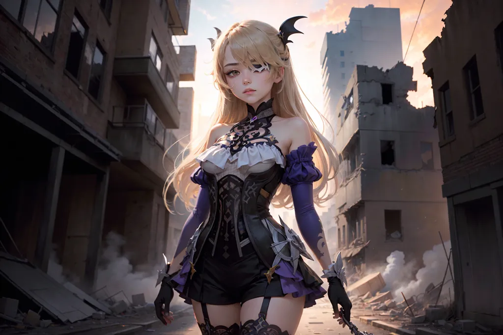 L'image est un dessin de style anime d'une jeune femme aux longs cheveux blonds et aux yeux violets. Elle porte un corset noir et violet avec une bordure en dentelle blanche et une paire de shorts noirs. Elle porte également une paire de gants noirs et un collier noir. Elle se tient debout dans une ville en ruine, avec des décombres et des débris tout autour d'elle. Le ciel est orange et le soleil se couche.