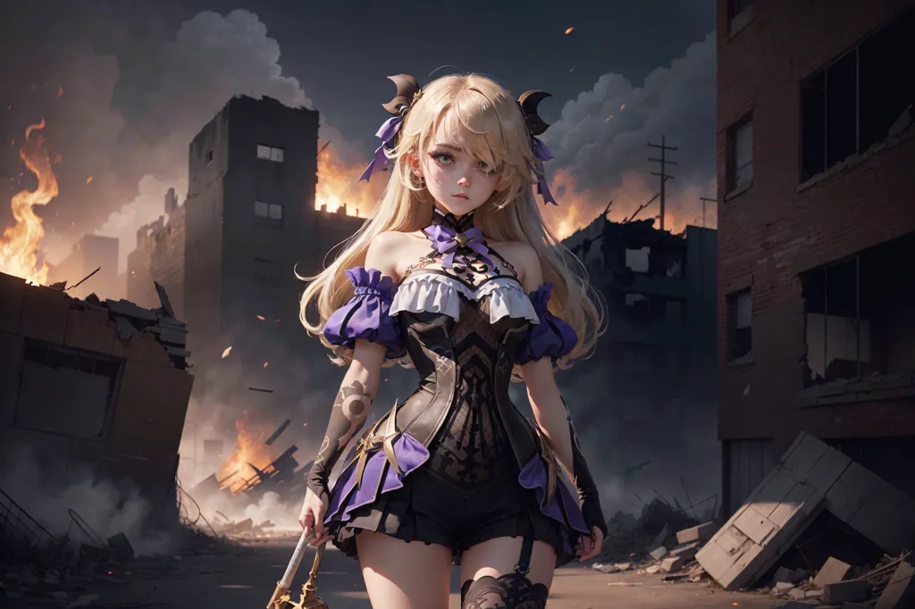 The image is of a young woman with long blonde hair and purple eyes. She is wearing a purple and black dress with a white collar. She is also wearing a black choker and a purple bow in her hair. She is standing in a ruined city with a large fire in the background. There are also several buildings that have been destroyed. The woman is holding a staff in her right hand. She has a determined look on her face.