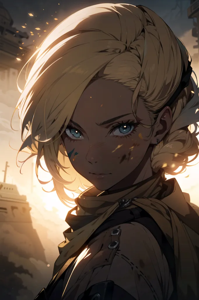 This is an image of a young woman with short blonde hair. She is wearing a brown scarf around her neck and a dark brown jacket. She has a serious expression on her face and is looking at the viewer with her blue eyes. She is standing in a post-apocalyptic setting, with ruins in the background.