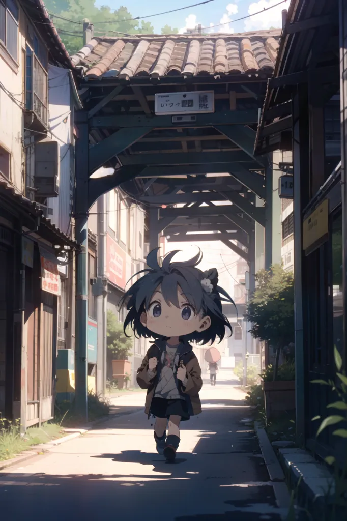 The image is an anime-style illustration of a young girl walking down a street in a traditional Japanese town. The girl has short blue hair and brown eyes, and she is wearing a white shirt, gray skirt, and brown shoes. She is carrying a backpack and has a cat-like creature with her. The street is lined with traditional Japanese houses and shops, and there are trees and plants growing on either side. The sky is blue and there are some clouds in the distance. The overall atmosphere of the image is peaceful and serene.