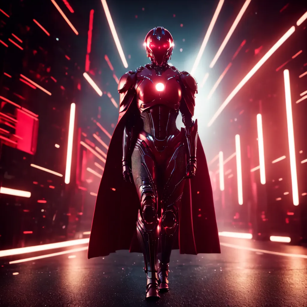 This is an image of a superhero. The superhero is wearing a red and silver suit of armor. The superhero is also wearing a red cape. The superhero is walking down a city street. The city street is lit up by red lights.