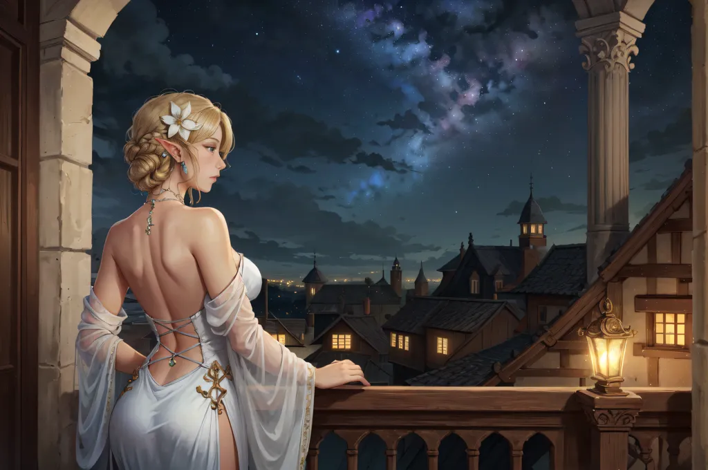 The image is of a beautiful, young, woman with long blonde hair and pointed ears standing on a balcony overlooking a city. She is wearing a white dress with a low back and a high slit. The dress is trimmed with gold and has a long train. The woman is looking out at the city below with a thoughtful expression on her face. The city is in the distance and is lit by a few lanterns. The sky is dark and there are a few stars in the sky. The woman is leaning against the railing of the balcony and there is a lantern on the railing.