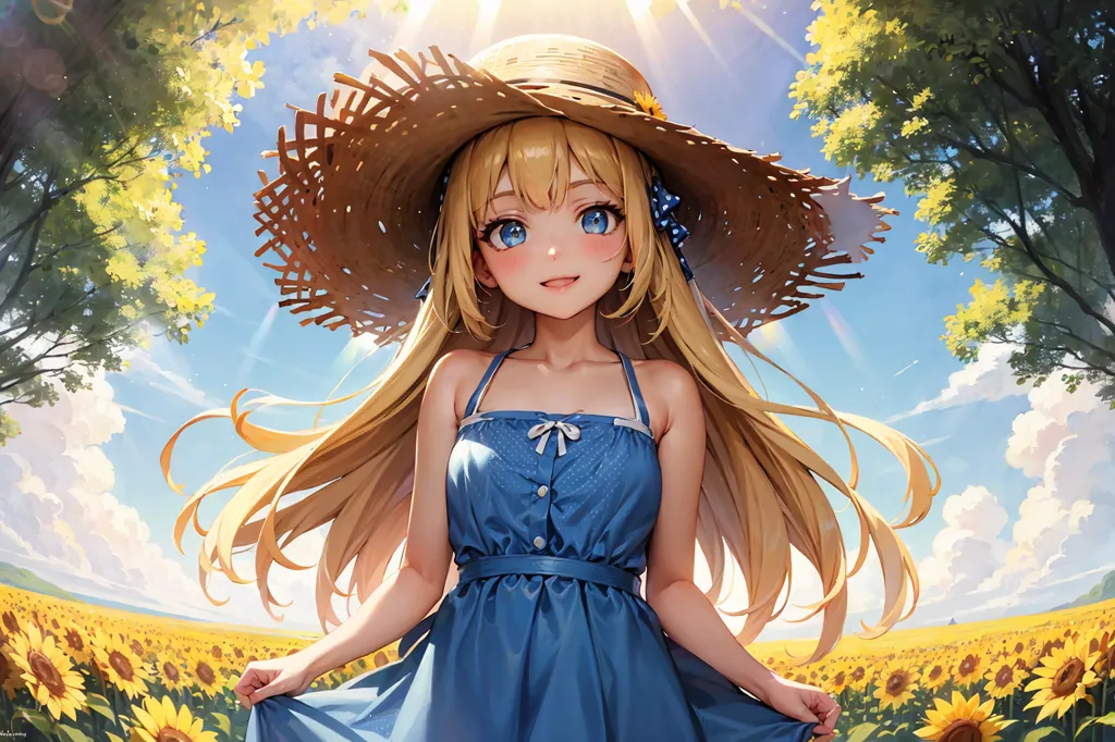 The image shows a young girl with long, flowing blonde hair and blue eyes. She is wearing a wide-brimmed, light brown straw hat with a blue ribbon tied around it. She is also wearing a blue dress with white polka dots and a white camisole underneath. She is standing in a field of sunflowers, and there are trees and clouds in the background. The sun is shining brightly, and the girl has a happy expression on her face.