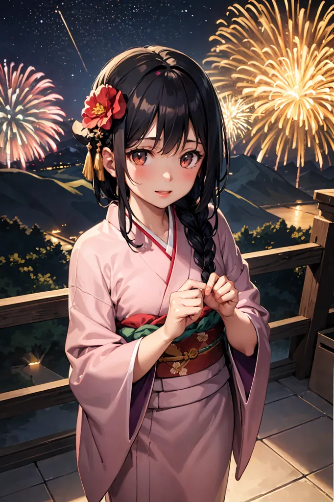 The image is of a young girl in a pink kimono with a red flower in her hair. She is standing on a balcony, looking out at a fireworks display. The night sky is dark and there are stars twinkling. The girl is smiling and has her hands clasped in front of her. She is wearing a traditional Japanese hairstyle and has a gentle expression on her face. The image is peaceful and serene, and captures the beauty of the Japanese summer.