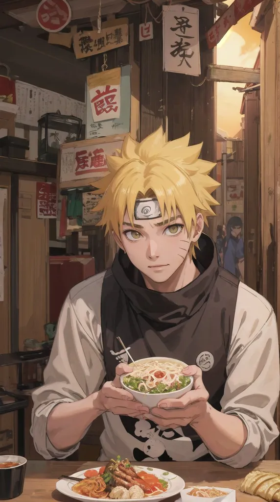 この画像は、アニメシリーズ「NARUTO」の主人公、うずまきナルトが描かれています。彼は、ラーメン屋で一杯のラーメンを食べています。店内は、様々な看板やポスターで飾られており、背景には人々が歩いています。ナルトは、背中に「火」の文字が書かれた白いシャツを着ており、首には黒いスカーフを巻いています。そして、額には木の葉隠れの里のシンボルが付いた忍者のヘッドバンドをつけています。彼は両手でラーメンの器を持ち、それを美味しそうに食べています。