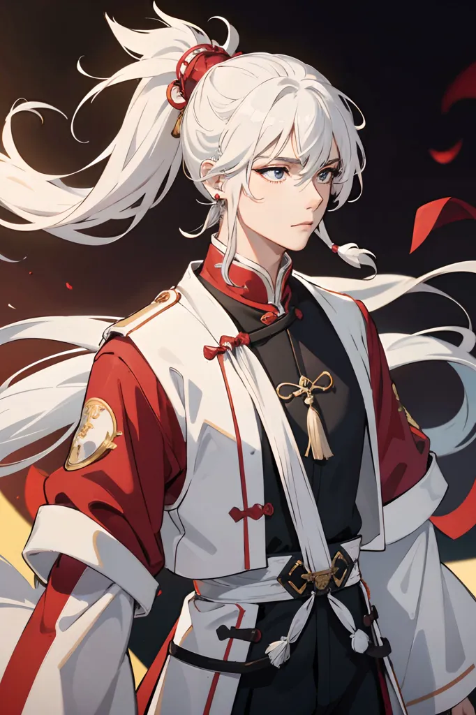 The image shows a young man with long white hair and red eyes. He is wearing a red and white outfit with a white ponytail holder and a red ribbon in his hair. He has a serious expression on his face and is looking to the right.