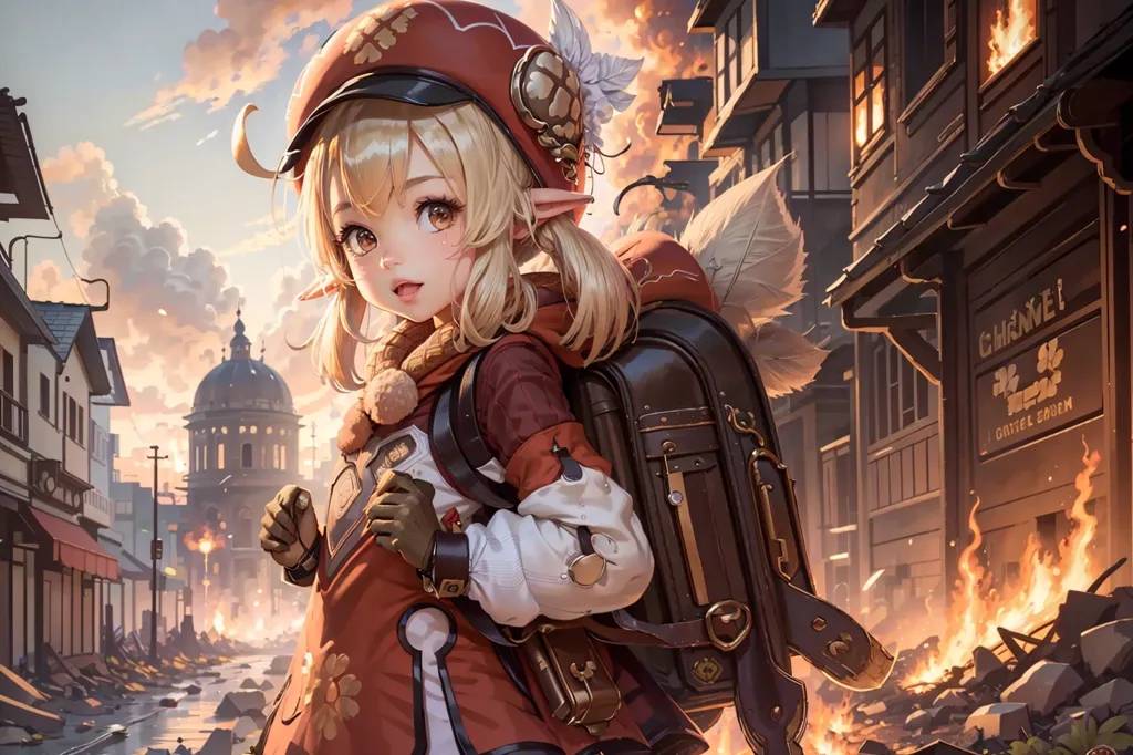 The image is of a young girl with blonde hair and elf ears. She is wearing a red hat, a brown bag, and a white glove. She is standing in a destroyed city. There are ruins of buildings and fires all around her. The sky is orange and there are clouds of smoke.