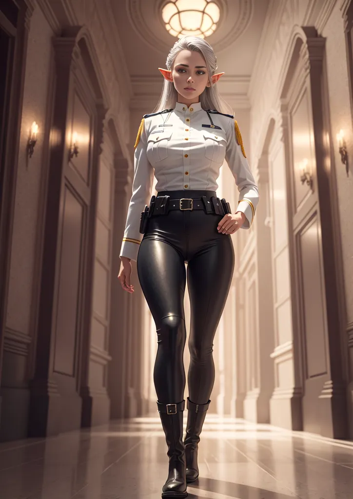 The image depicts a tall, slender, and muscular female elf with long white hair and silver eyes. She is wearing a white shirt with a high collar, black pants, and black boots. She has a gun on her right hip and a utility belt on her left hip. She is standing in a hallway with a marble floor and ornate columns.