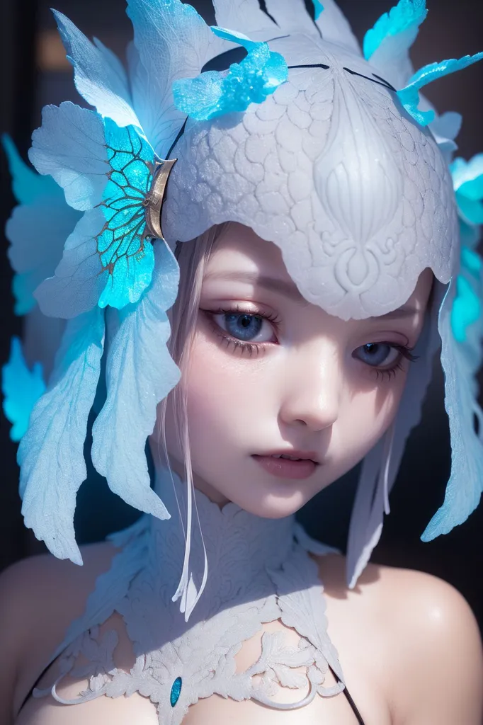 The image is a close-up of a young woman's face. She has pale skin, blue eyes, and long white hair. She is wearing a white and blue headdress that is shaped like a butterfly. The headdress has blue and white butterfly wings sticking out on either side of her head. She is also wearing a white necklace with a blue gem in the center. The background is dark blue.