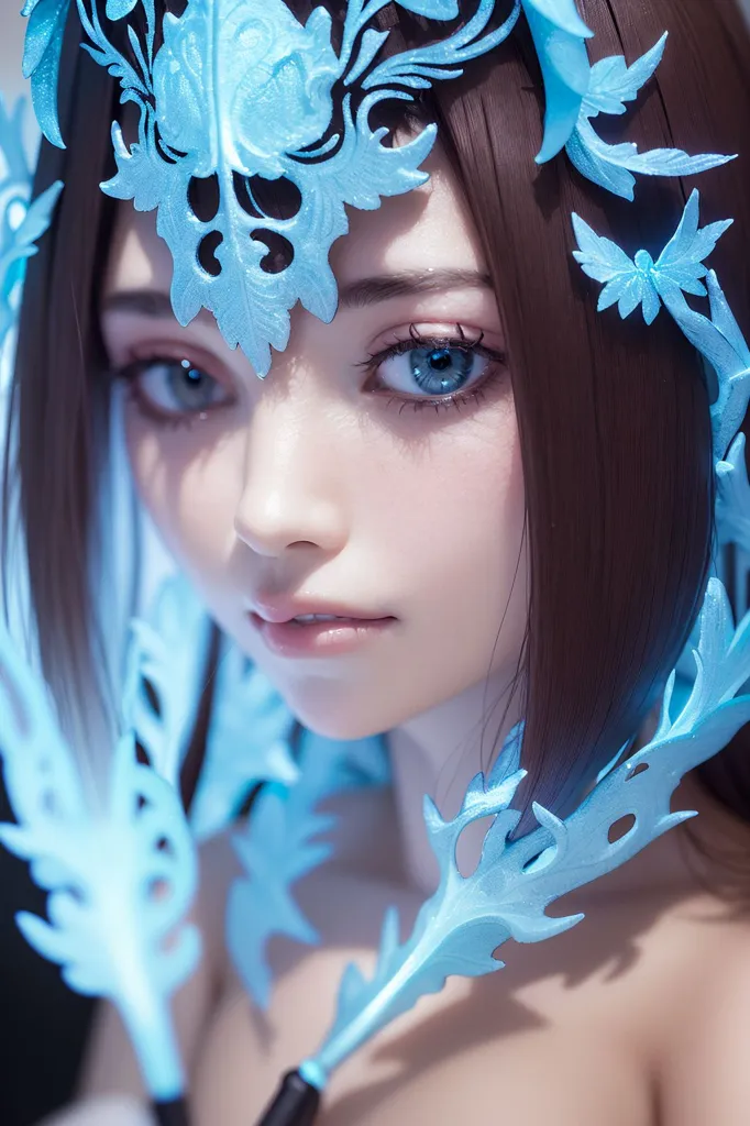 The picture shows a young woman with long brown hair and blue eyes. She is wearing a blue and white headdress with leaf-like protrusions that cover her ears. The headdress also has two small blue flowers on the right side. The woman's skin is fair and flawless. She is looking at the viewer with a slightly raised eyebrow.