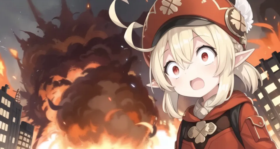 L'image montre un personnage du jeu "Genshin Impact" nommé Klee. C'est une petite fille aux cheveux blonds et aux yeux rouges, portant un chapeau rouge et une chemise blanche. Elle a une expression surprise sur le visage et regarde une grosse explosion à l'arrière-plan. L'explosion est orange et jaune, et on peut voir des bâtiments et des arbres en arrière-plan.