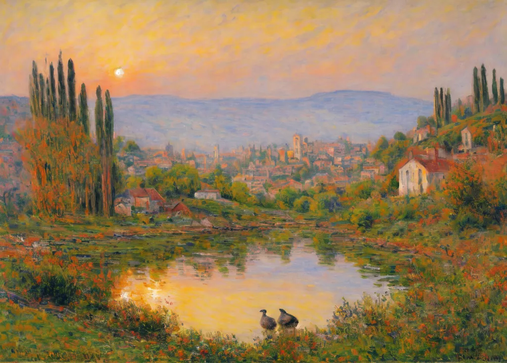 This is an oil painting of a sunset over a river in a valley. The river is in the foreground, with a small village on the opposite shore. There are trees and shrubs on both sides of the river, and the sky is a bright orange. The painting is done in a realistic style, and the colors are vibrant and lifelike.