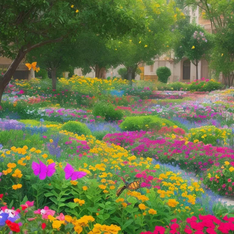 The image is a photo of a garden full of flowers. There are many different types of flowers in the garden, including roses, tulips, and lilies. The flowers are all different colors, which creates a beautiful and vibrant scene. There are also several butterflies in the garden, which are attracted to the flowers. The garden is surrounded by trees, which provide shade and privacy. There is a path running through the garden, which is made of stone. The garden is a beautiful and peaceful place that is perfect for relaxing and enjoying nature.