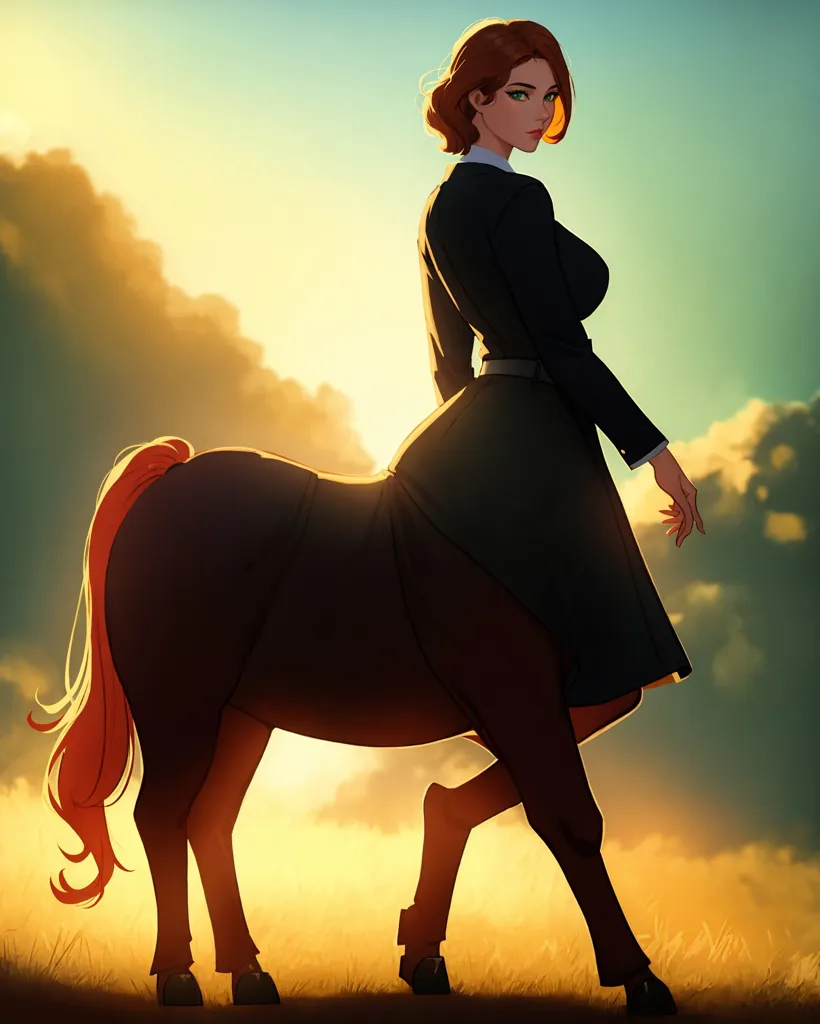 Cette image montre une centauresse, qui est une créature mi-humaine, mi-cheval. Elle a de longs cheveux rouges, des yeux verts et porte une chemise noire. Elle se tient debout dans un champ d'herbe, et il y a des arbres et des nuages en arrière-plan. Le soleil se couche et le ciel est d'une couleur orange vif.