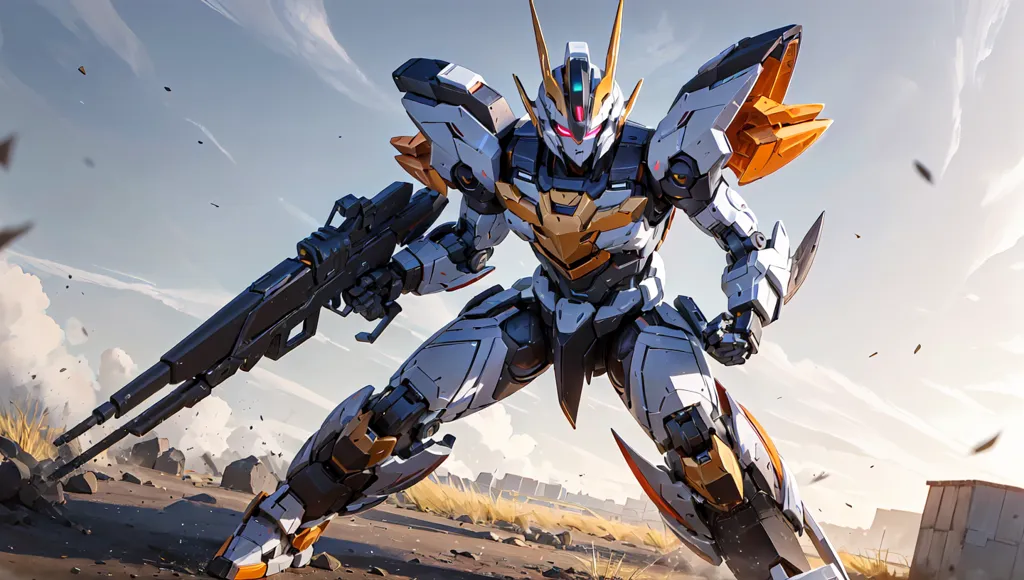 The image shows a white and orange mech standing in a rocky field. The mech has a large gun in its right hand and is looking at the viewer. The mech is surrounded by smoke and debris. In the background, there is a large building. The sky is cloudy and there are mountains in the distance.