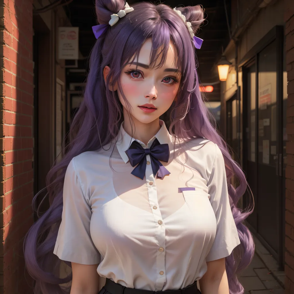 The image shows a young woman with purple hair and purple eyes. She is wearing a white shirt and a black skirt. The shirt is unbuttoned at the collar, and the sleeves are rolled up to the elbows. She is standing in a street with brick buildings on either side. There is a lantern on one of the buildings.