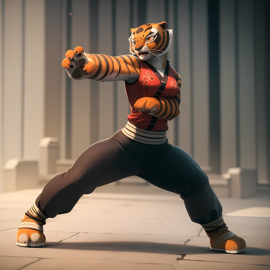 The image shows a anthropomorphic tiger in a fighting stance. The tiger is wearing a red and white outfit and has its paws in a blocking position. The background is a blur of light and dark colors.