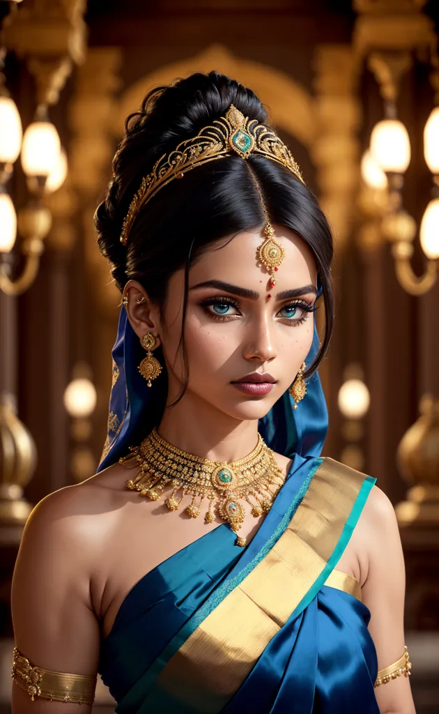 The image shows a young woman with long black hair and blue eyes. She is wearing a blue sari with a gold border and a gold necklace with a large blue pendant. She is also wearing a gold headpiece and earrings. The background is a blur of gold and brown. The woman is looking at the camera with a serious expression.