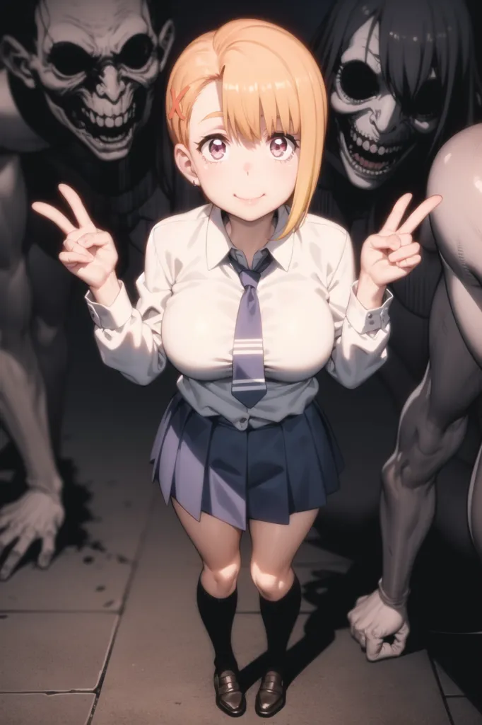 The image is of a young woman in a school uniform. She has blonde hair and purple eyes, and she is smiling at the viewer. She is wearing a white shirt, a blue tie, and a blue skirt. She is also wearing black socks and brown shoes. In the background, there are two monsters. They are both tall and thin, with long arms and legs. They have no eyes or noses, and their mouths are full of sharp teeth. The woman is standing in front of the monsters, and she is not afraid of them. She is smiling and posing for the camera.