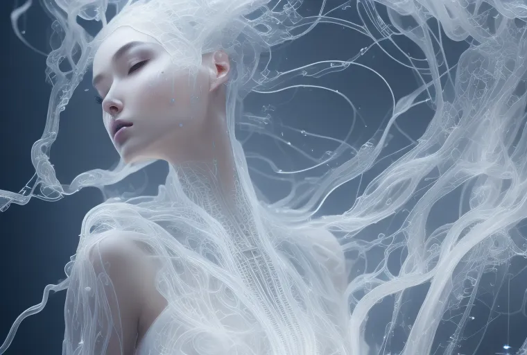 La imagen es un retrato de una hermosa mujer con el cabello blanco y largo y la piel pálida. Lleva un vestido blanco hecho de un material extraño y similar a una tela de araña. Los ojos de la mujer están cerrados y tiene una expresión serena en el rostro. El fondo de la imagen es de color azul oscuro. La imagen es muy detallada y la piel de la mujer parece casi traslúcida. La imagen también es muy etérea y parece que la mujer está flotando en el aire.