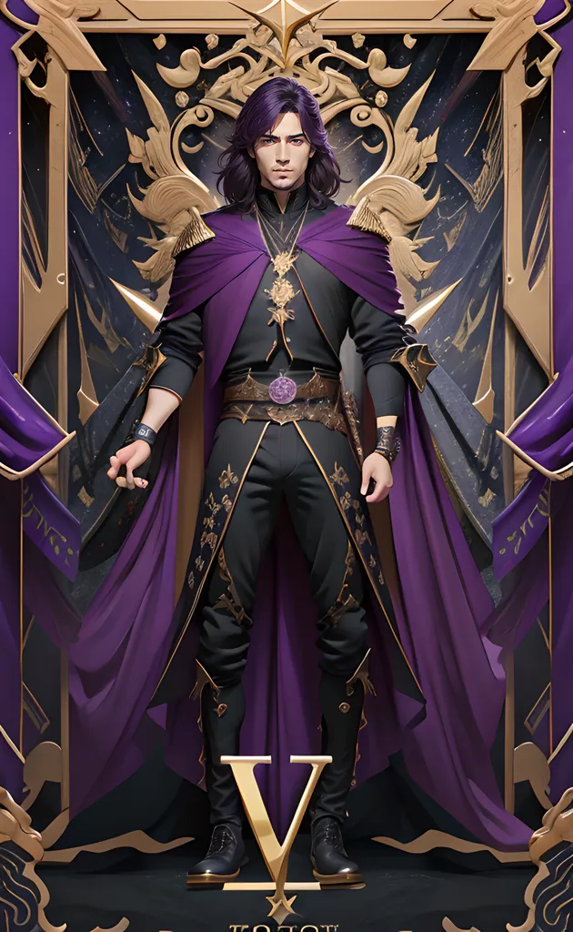 Esta es una imagen de un hombre con el cabello largo y morado. Lleva un atuendo negro y morado con una capa morada. Tiene un collar de oro con una gema morada en el centro. Está de pie frente a un fondo morado y dorado con una gran V en la parte inferior.