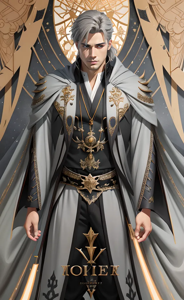 The image shows a man with long silver hair and gray eyes. He is wearing a white and gold outfit with a long white cape. He has a sword in his right hand and a book in his left hand. He is standing in front of a large door with a golden sun symbol in the middle.