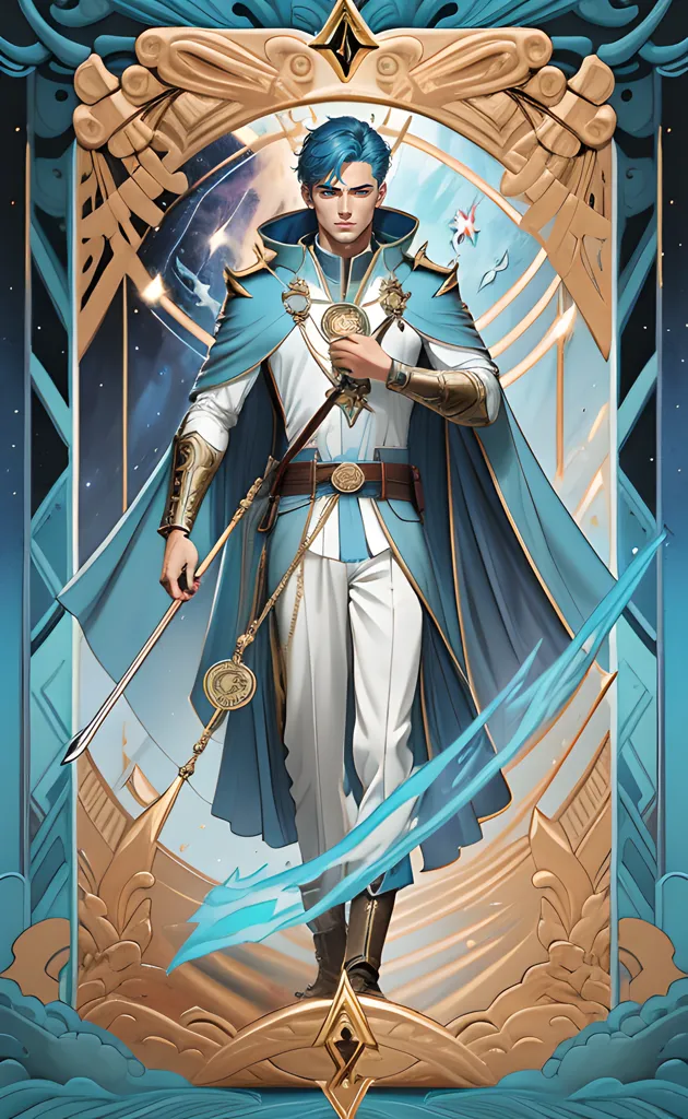 This is an image of a man with short blue hair and blue eyes. He is wearing a white shirt, blue pants, and a blue cape. He is also wearing a gold necklace and a gold bracelet. He is holding a sword in his right hand and a staff in his left hand. He is standing in front of a blue background with a gold frame around him. There are also some stars in the background.