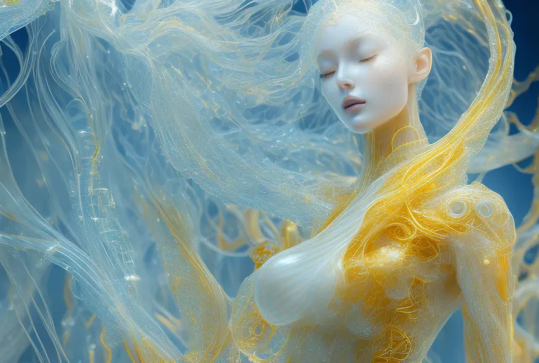 The image is a 3D rendering of a woman who appears to be made of glass or crystal. She has long, flowing hair and her body is covered in intricate patterns. The background is a swirling mass of blue and white, which suggests that she is underwater. The woman's eyes are closed and her expression is serene. The image is very beautiful and it has a dreamlike quality.