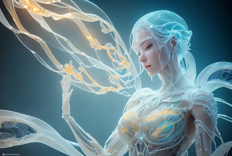 La imagen es una pintura digital de una mujer que parece estar hecha de luz. Tiene el cabello largo y ondulante, y lleva un vestido que también está hecho de luz. El fondo es de color azul oscuro, y la mujer está rodeada por varios objetos brillantes y cinta-como. La mujer mira al espectador con la cabeza ligeramente inclinada hacia la derecha. Tiene una expresión serena en su rostro. La pintura es muy detallada, y el artista ha utilizado una variedad de técnicas para crear una imagen realista y etérea.