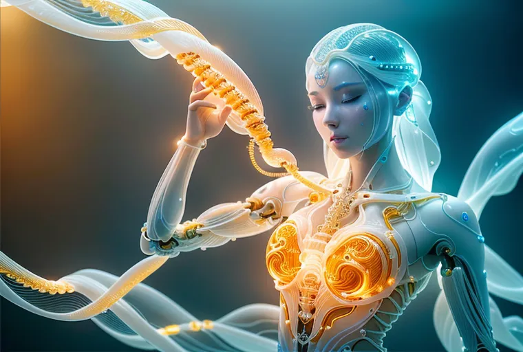 The image is a depiction of a female android. She has pale skin and long white hair. Her eyes are closed and her face is serene. She is wearing a white and gold bodysuit. The bodysuit has a complex pattern of lines and shapes. The android is standing in a dark blue void. There are glowing blue lights in the background. The image is very detailed and realistic.