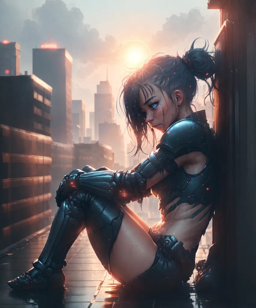 La imagen es una pintura digital de una mujer joven sentada en un tejado en una ciudad futurista. Lleva un body negro con luces azules y tiene un brazo y una pierna robóticos. La ciudad está al fondo y está llena de edificios altos y rascacielos. El cielo es naranja y hay nubes en el cielo. La mujer mira hacia abajo con una expresión triste en su rostro.