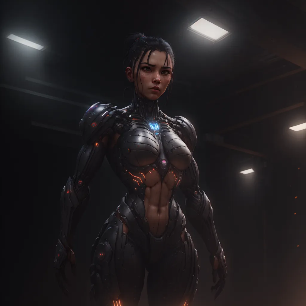 The image is of a female cyborg. She is standing in a dark room with bright lights in the background. She is wearing a black and gray bodysuit with orange highlights. The bodysuit has a metallic sheen and appears to be made of some type of advanced material. The cyborg's face is mostly human, with the exception of her right eye, which is a glowing blue orb. She has a small nose and full lips. Her hair is dark brown and pulled back in a ponytail. The cyborg's body is muscular and athletic. She is standing with her feet shoulder-width apart and her arms at her sides. Her expression is one of determination and focus.