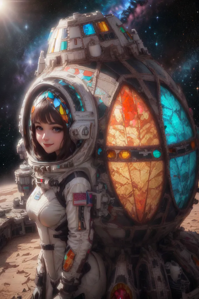 Ceci est une image d'une jeune fille dans une combinaison spatiale avec un motif de vitrail élaboré sur le casque et le sac à dos. Elle se tient sur une surface rocheuse de lune ou de planète avec un ciel étoilé et une planète ou une lune lointaine en arrière-plan.