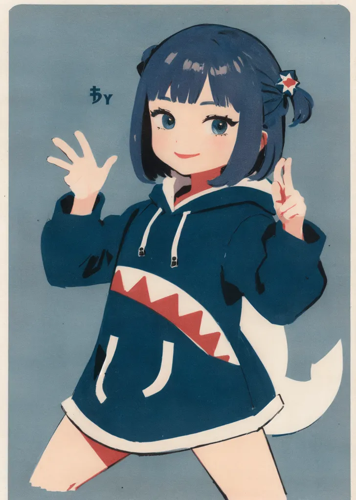 L'image montre une fille de style anime aux cheveux et aux yeux bleus. Elle porte un sweat à capuche bleu avec un design de bouche de requin sur l'avant et des accents blanc et rouge. Elle porte également des shorts blancs et une queue de requin. La fille est debout dans une pose joyeuse, avec une main en l'air et l'autre faisant un signe de paix.