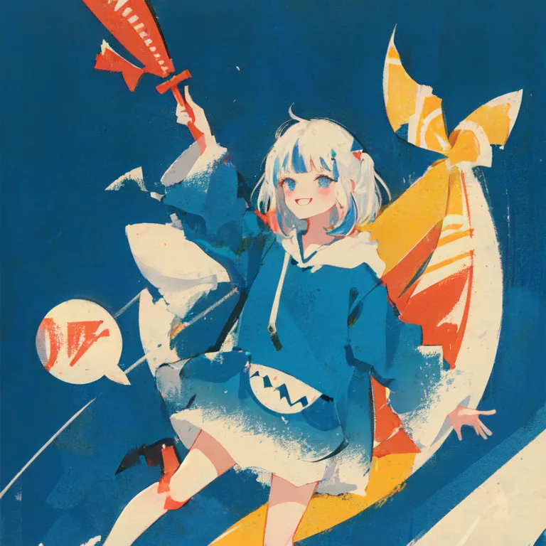 This is an illustration of a girl with shark-like features. She has blue hair and eyes, and she is wearing a blue hoodie with a shark face on it. She is also wearing a yellow skirt and red socks. She is holding a red and white striped candy cane in her right hand. She is standing on a surfboard with a shark fin sticking out of the back. The background is a blue ocean with a shark swimming in it. The girl is smiling and looks happy.