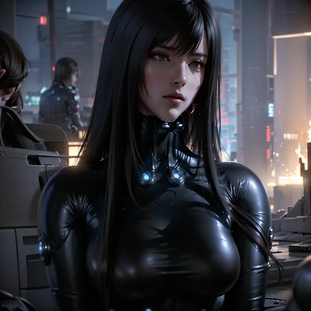 The image is a portrait of a young woman. She has long black hair, dark eyes, and a fair complexion. She is wearing a black bodysuit made of a shiny material. The bodysuit has a high collar and a zipper down the front. She is also wearing a pair of black boots. The woman is standing in a dark room. There are two other people in the room, both of whom are wearing similar bodysuits. The woman in the foreground is looking at the camera with a neutral expression.