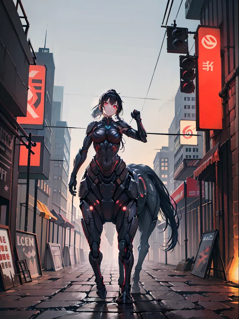 The image is of a female centaur with long black hair and red eyes. She is wearing a black and grey bodysuit with a centaur-like lower body. She is standing in a city street with a futuristic background with large buildings and signs in Japanese.