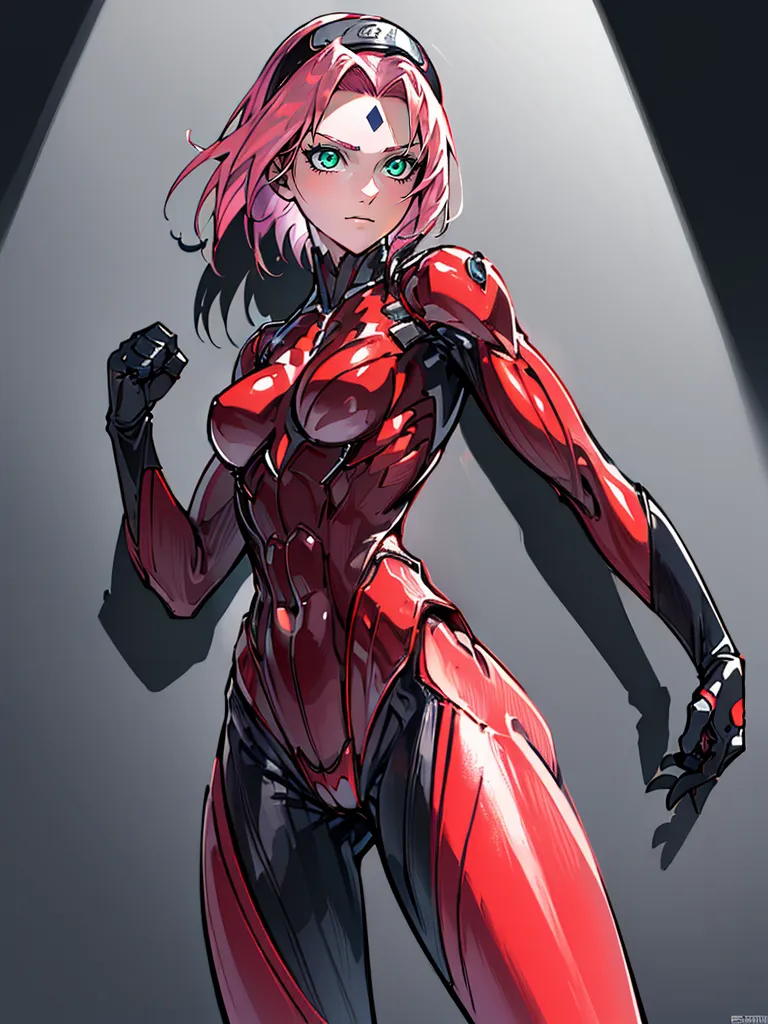 A imagem é de uma mulher jovem com cabelo rosa e olhos verdes. Ela está usando um macacão vermelho e preto com um colarinho alto. O traje tem um design futurista e parece ser feito de metal. A mulher está em posição de luta com os punhos cerrados. Ela tem um olhar determinado no rosto e parece estar pronta para uma briga.