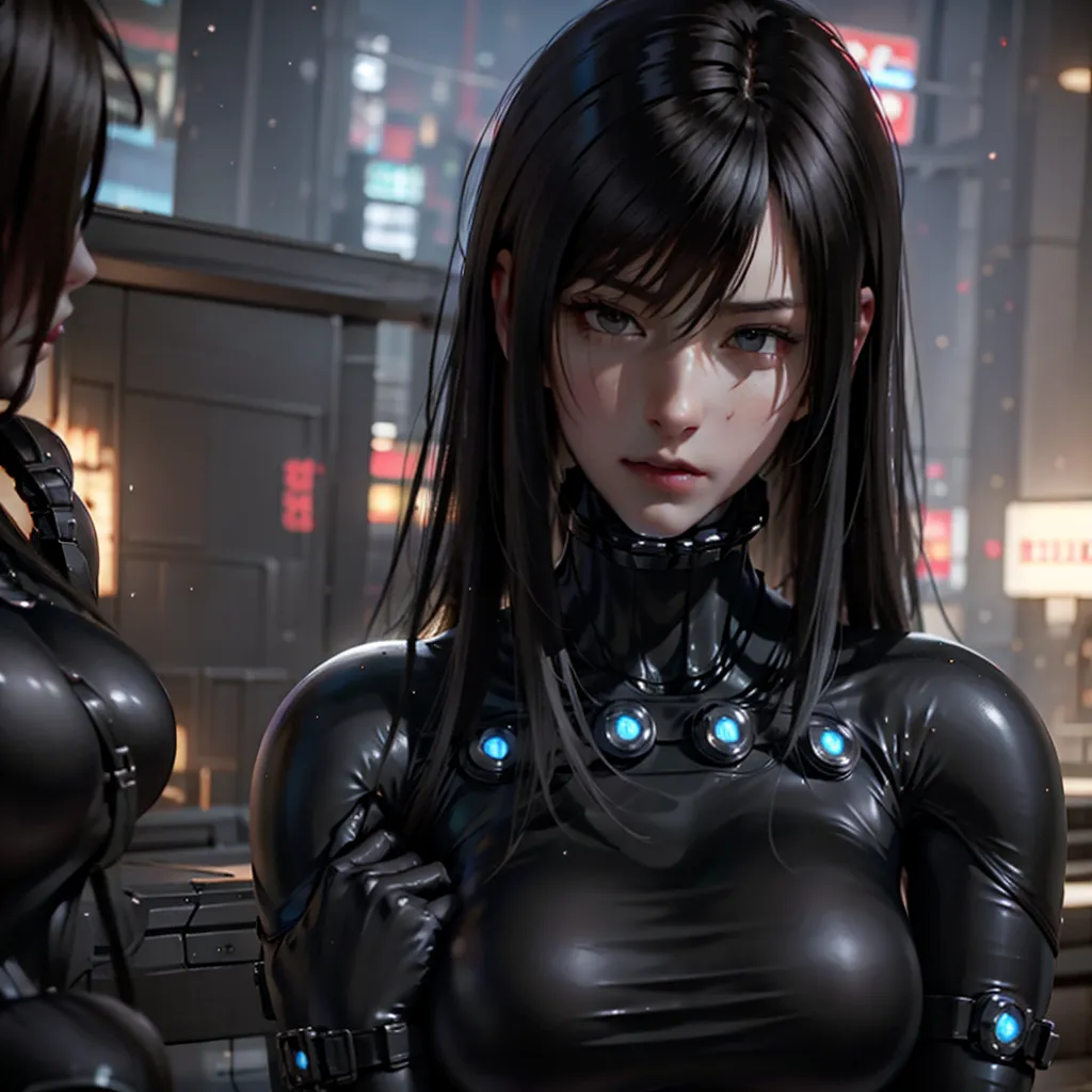 This is an image of a young woman, who looks like she is in her late teens or early twenties. She has long black hair, and dark eyes. She is wearing a black bodysuit, which has several blue lights on it. She is also wearing a black choker, and a utility belt. She is standing in a dark room, with several lights in the background. There is another woman standing behind her, who is wearing a similar outfit.