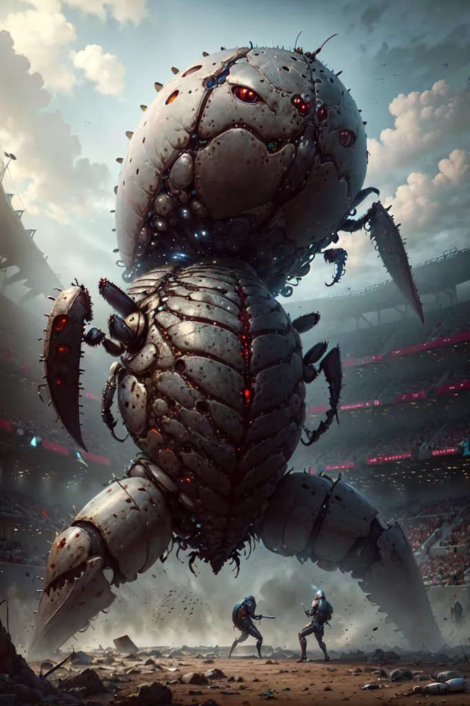 The image is set in a large arena, with a giant mechanical creature standing in the center. The creature is made of metal and has a large, round body with multiple legs. It has a single eye on its head and is surrounded by debris. There are two small human figures standing in front of the creature, both of whom are wearing armor and carrying weapons. The background of the image is a large stadium, with seats rising up into the sky. There are also several large, metal structures in the background, which may be other machines or weapons.